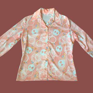 1970s Vintage Pink Flower Power Dagger Collar Shirt